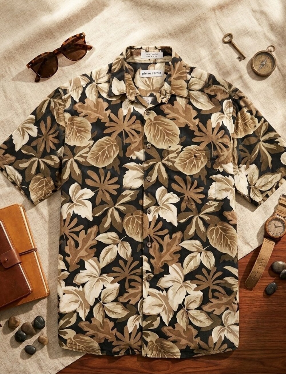 Pierre Cardin Mens Rayon Hawaiian Leaf Vacation Tropical Button-down Shirt Top